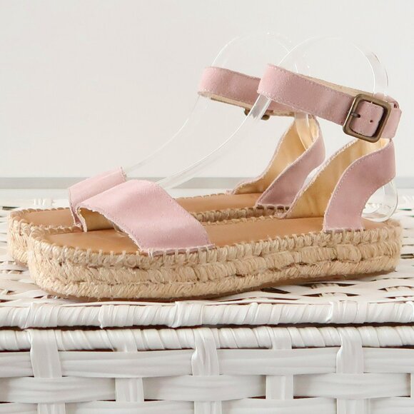 Soludos Pastel Pink Suede Leather Ankle Strap Platform Espadrille Sandals 7.5
